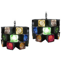 Pair of 1960's Iron & Colored Glass Block Chandeliers