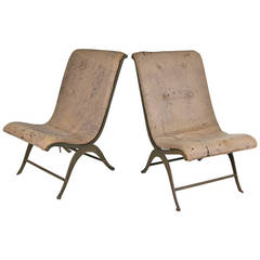 Pair of Curved Iron and Leather Slipper Chairs