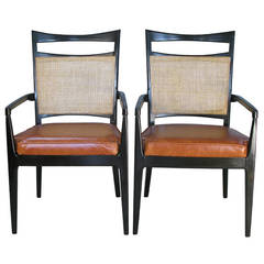 Pair of Elegant Armchairs in Cane and Leather in the Style of Probber