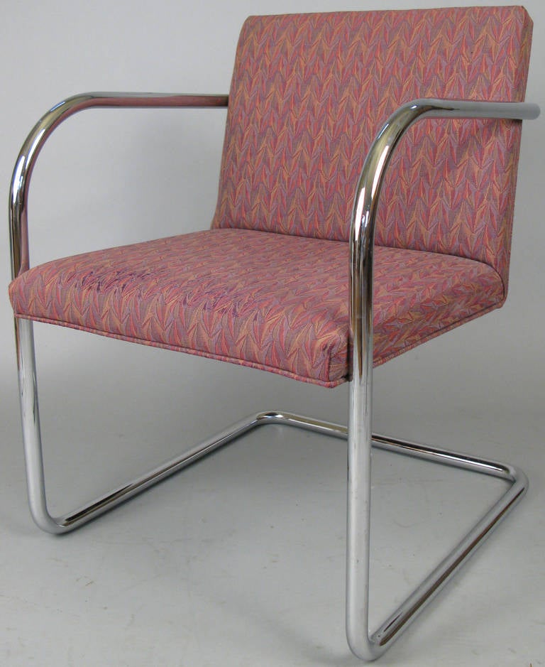 a total of twenty Mies van der Rohe/Brno style chairs made by Thonet with seamless tubular chrome frame. beautiful cantilevered design, extremely well made and very comfortable. will need updated upholstery. priced individually, available in single