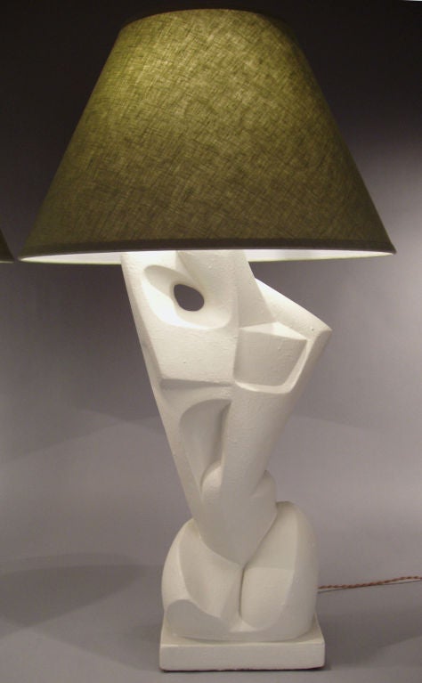 an outstanding pair of vintage mid 20th century plaster lamps in abstracted cubist male & female forms by Frederick Weinberg. fantastic form and details. completely rewired with adjustable height solid brass double sockets and silk wrapped cord.