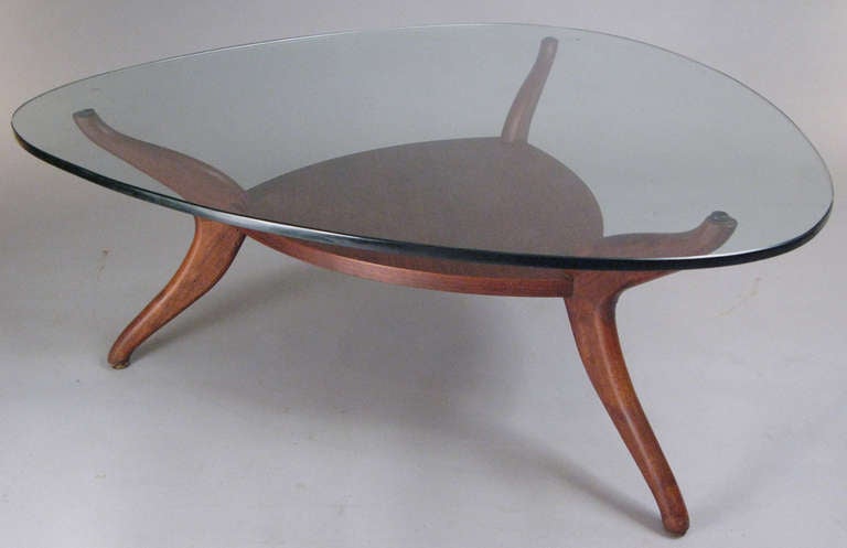 Mid-Century Modern Sculptural Modern Walnut & Glass Cocktail Table