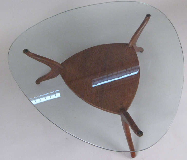 American Sculptural Modern Walnut & Glass Cocktail Table