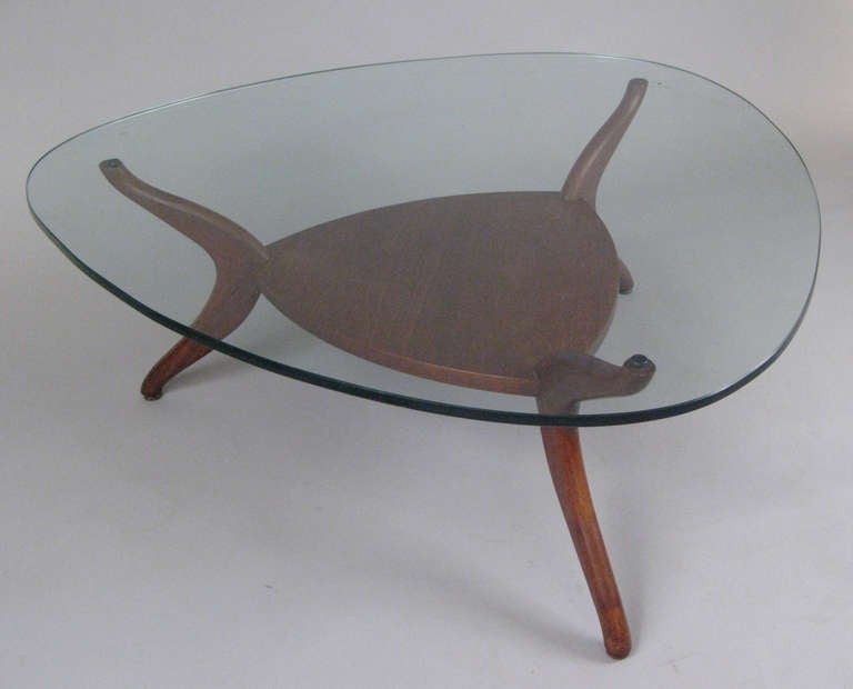 Sculptural Modern Walnut & Glass Cocktail Table In Excellent Condition In Hudson, NY