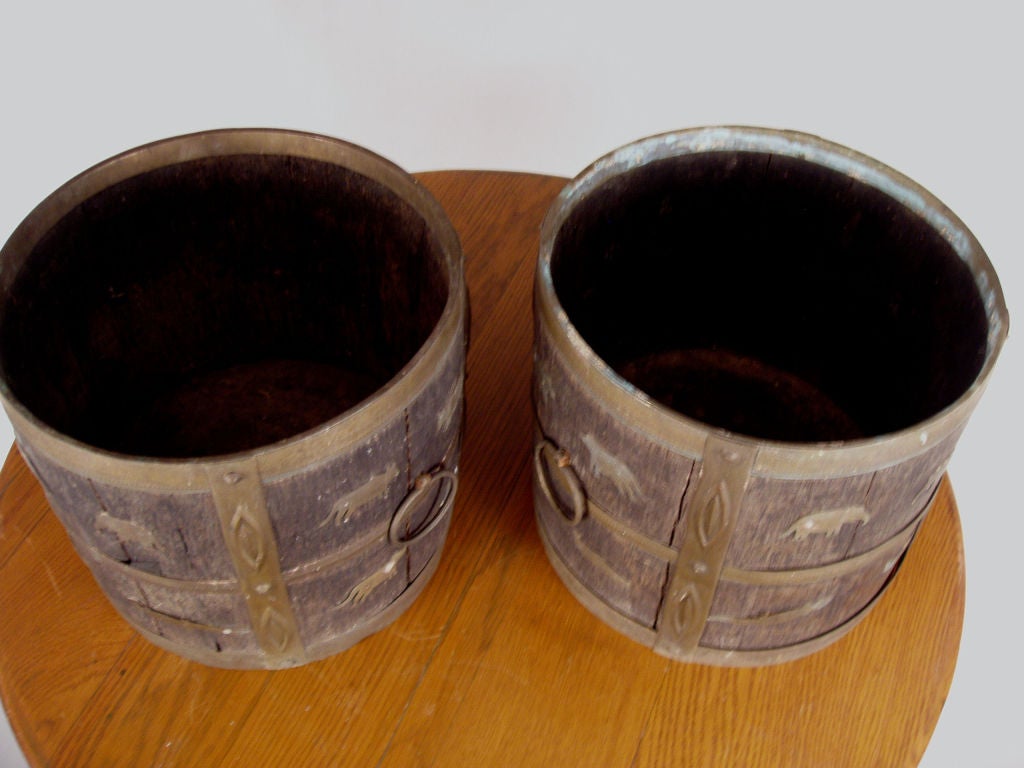Mid-20th Century Pair of Antique Oak & Brass Jardinieres For Sale