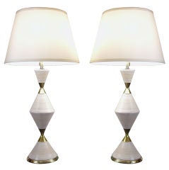 Pair of Ceramic & Brass Hourglass Lamps by Gerald Thurston