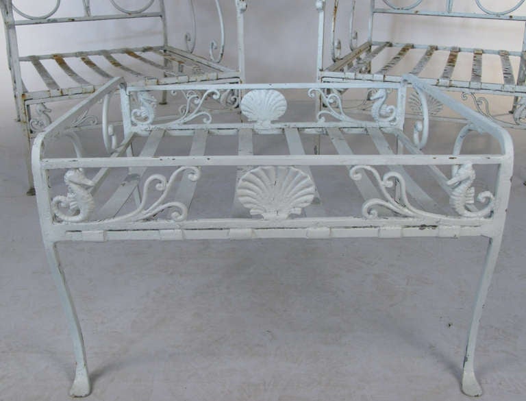 Pair of Antique Iron Seashell & Seahorse Garden Lounge Chairs 1