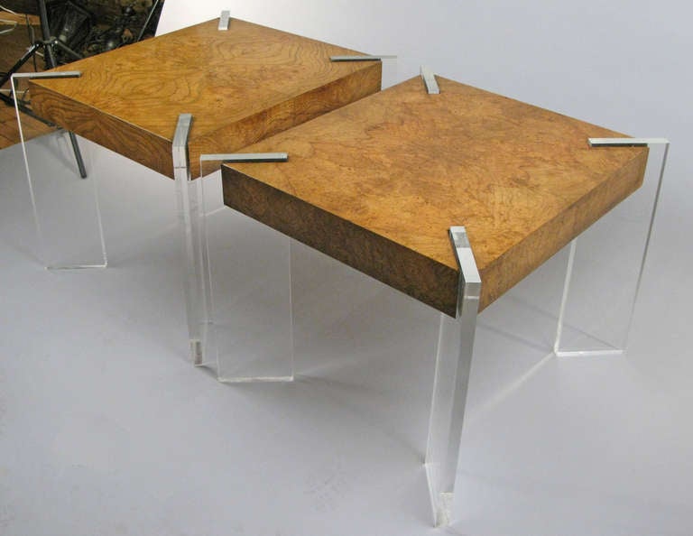 Pair of Vintage Burled Elm and Lucite Tables by Kagan For Sale 1