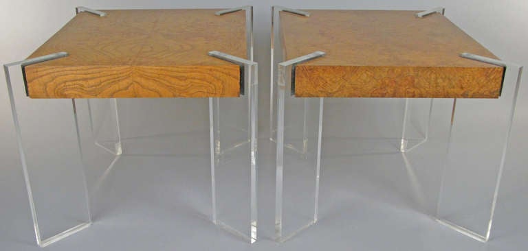 Mid-Century Modern Pair of Vintage Burled Elm and Lucite Tables by Kagan For Sale