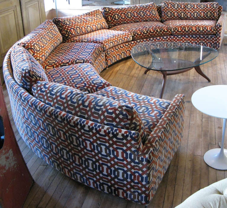 an outstanding large curved semi-circular sectional sofa designed by Milo Baughman for Thayer Coggin c. 1970. fantastic shape and proportions make this a very comfortable sofa. can be placed with both sections together making a complete semi-circle,