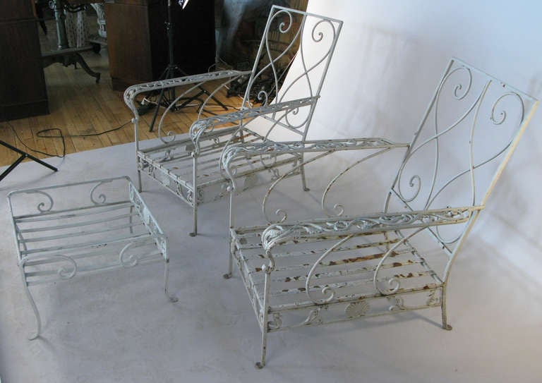 American Pair of Antique Iron Seashell & Seahorse Garden Lounge Chairs