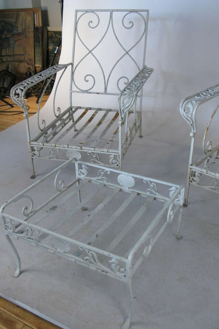 Mid-20th Century Pair of Antique Iron Seashell & Seahorse Garden Lounge Chairs
