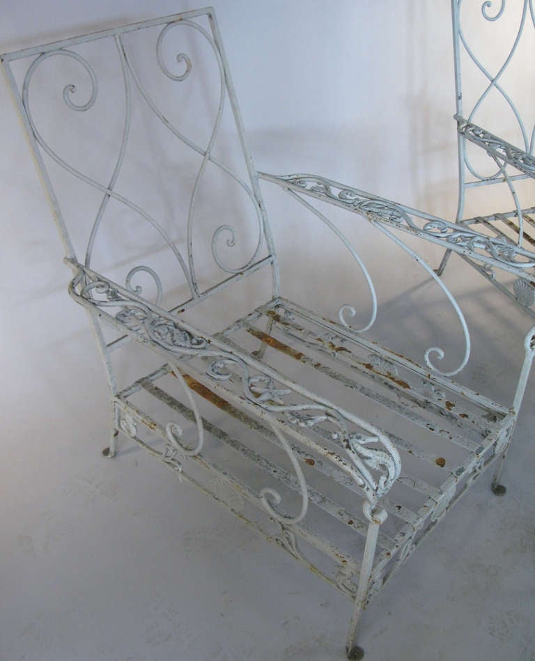 Wrought Iron Pair of Antique Iron Seashell & Seahorse Garden Lounge Chairs