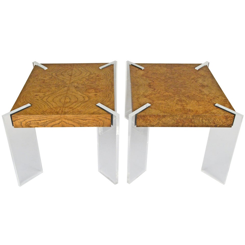 Pair of Vintage Burled Elm and Lucite Tables by Kagan For Sale