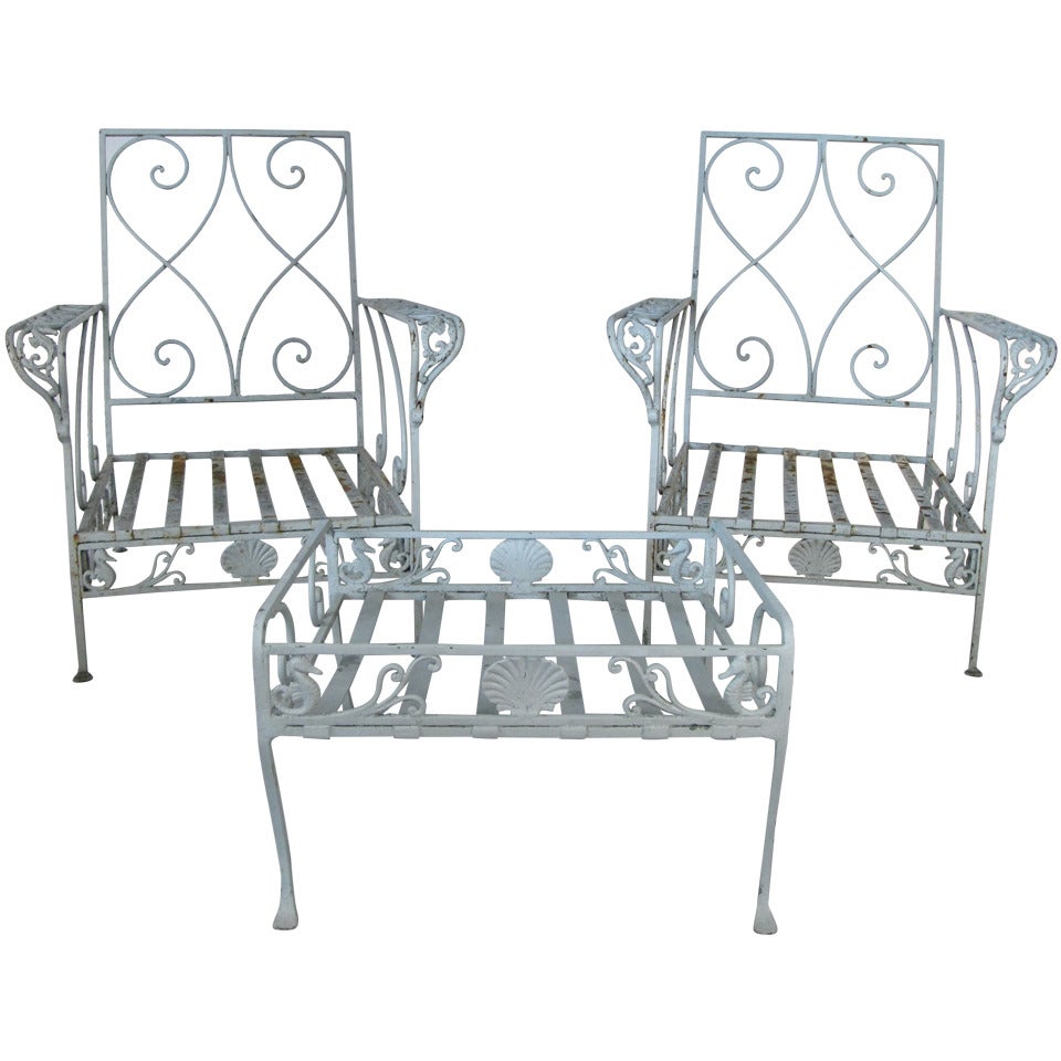 Pair of Antique Iron Seashell & Seahorse Garden Lounge Chairs