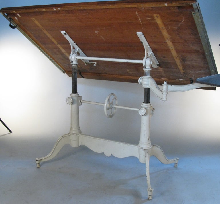 20th Century Antique Adjustable Double Pedestal Cast Iron Drafting Table