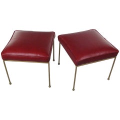 Pair of Crimson Leather Stools/ Ottomans by Paul McCobb