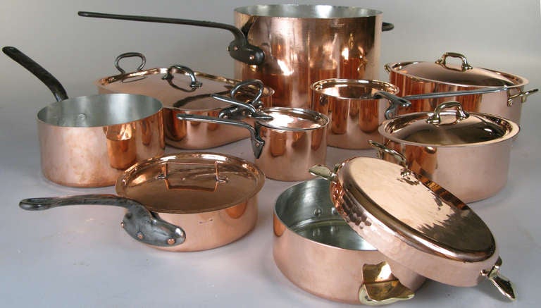 a large collection, sold individually, of antique english and french copper cookware, all freshly retinned inside and polished outside. beautiful pieces that are ready to cook with. 

extra large 19th c. stockpot, 16