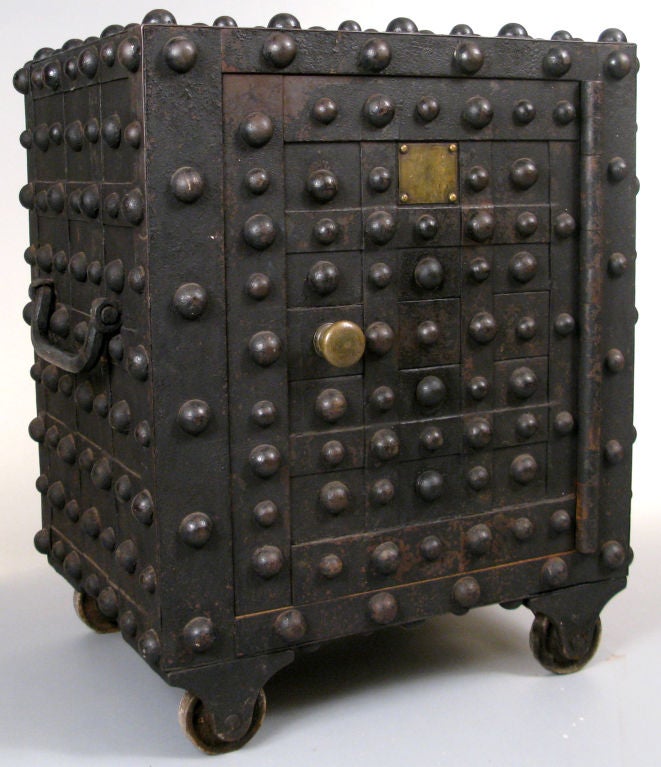 a truly outstanding example of these wonderful icons of american history. the hobnail safe was covered in a pattern of domed 'hobnails' which made them difficult to saw into - the shape of the hobnails making it hard to get purchase with a saw.