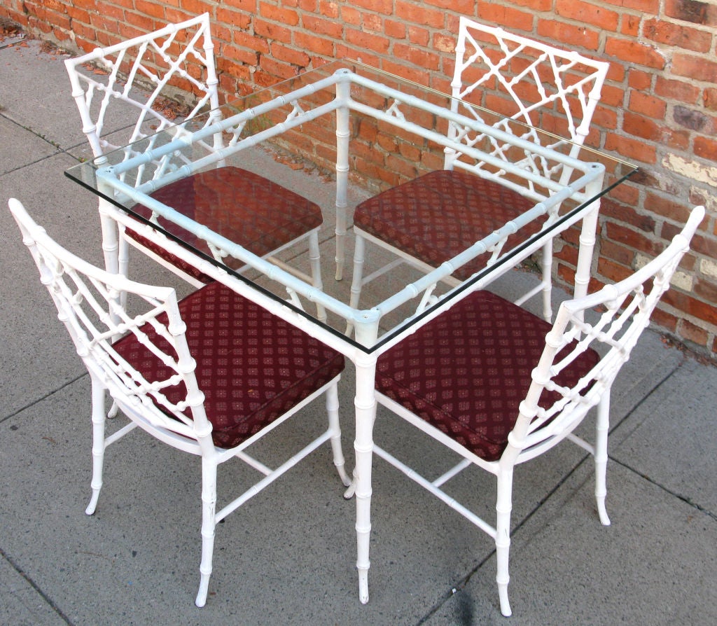 a classic vintage 1960's iron 'Bamboo' dining set, including a square table with thick glass top, and set of 4 chairs, all with bamboo detailing all over. very well made and in excellent condition.<br />
<br />
chair dimensions: 33.5