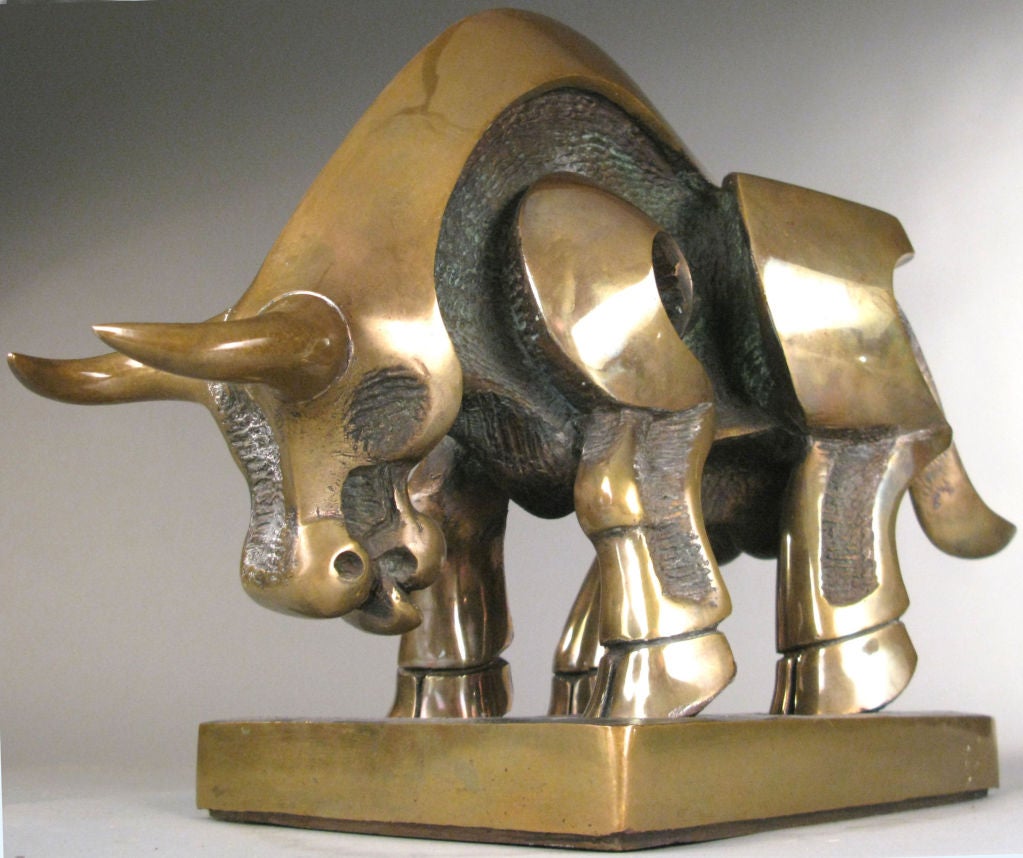 an outstanding signed bronze by Italian artist Domenico Colanzi. 'Omaggio al Toro' is a dynamic cubist sculpture of a charging bull, with wonderful details and character.