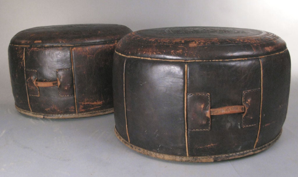 American Pair of Antique Saddle Leather Hassock Ottomans