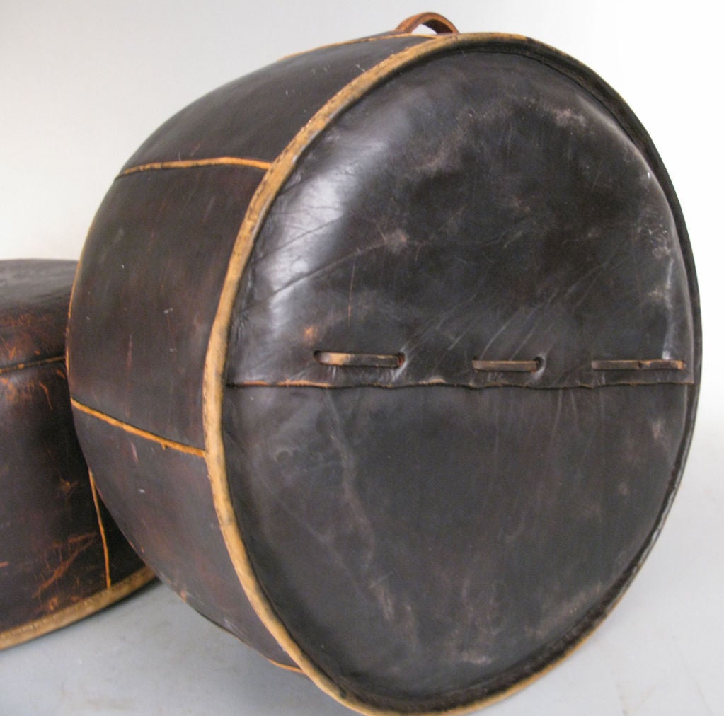 Pair of Antique Saddle Leather Hassock Ottomans 2