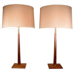 Pair of Modern Walnut and Brass Lamps by Lightolier