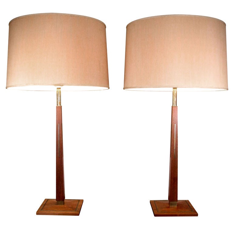Pair of Modern Walnut and Brass Lamps by Lightolier