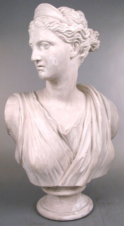 a very nicely made plaster bust of Greek Godess Athena. In Ancient Greece, Athena was the goddess of wisdom, courage, inspiration, civilization, warfare, strength, strategy, the arts, crafts, justice, and skill. Busy girl! great details and form, in