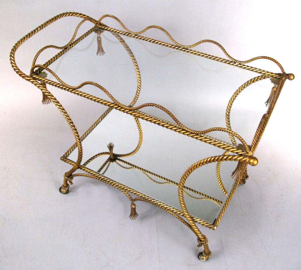 Glass Vintage Italian Gilt Rope & Tassel Bar Cart