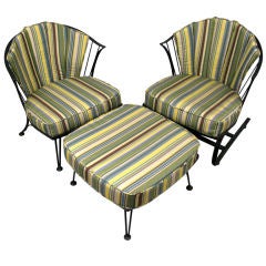 Pair of Wrought Iron Lounge Chairs & Ottoman by Woodard