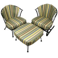Pair of Wrought Iron Lounge Chairs 
Ottoman by Woodard