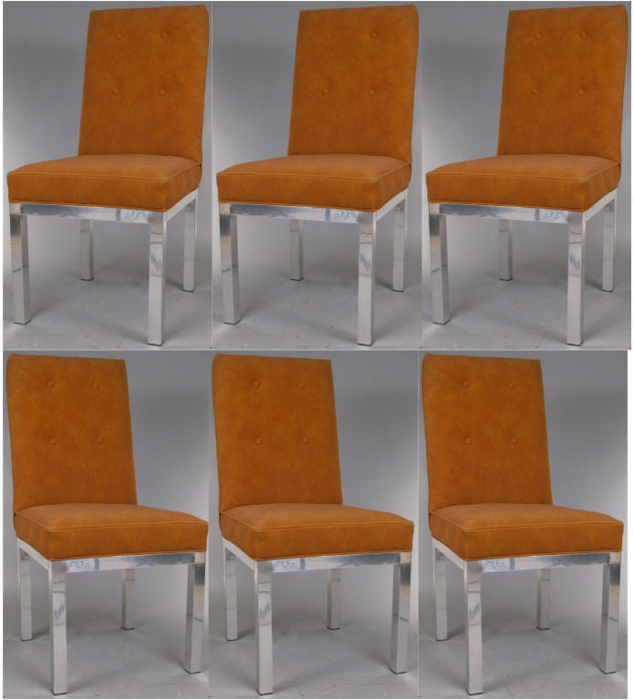 Set of Six Vintage Modern Chrome Parsons Base Dining Chairs