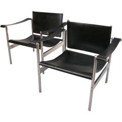 Pair of Vintage Modern Chrome & Leather Lounge Chairs