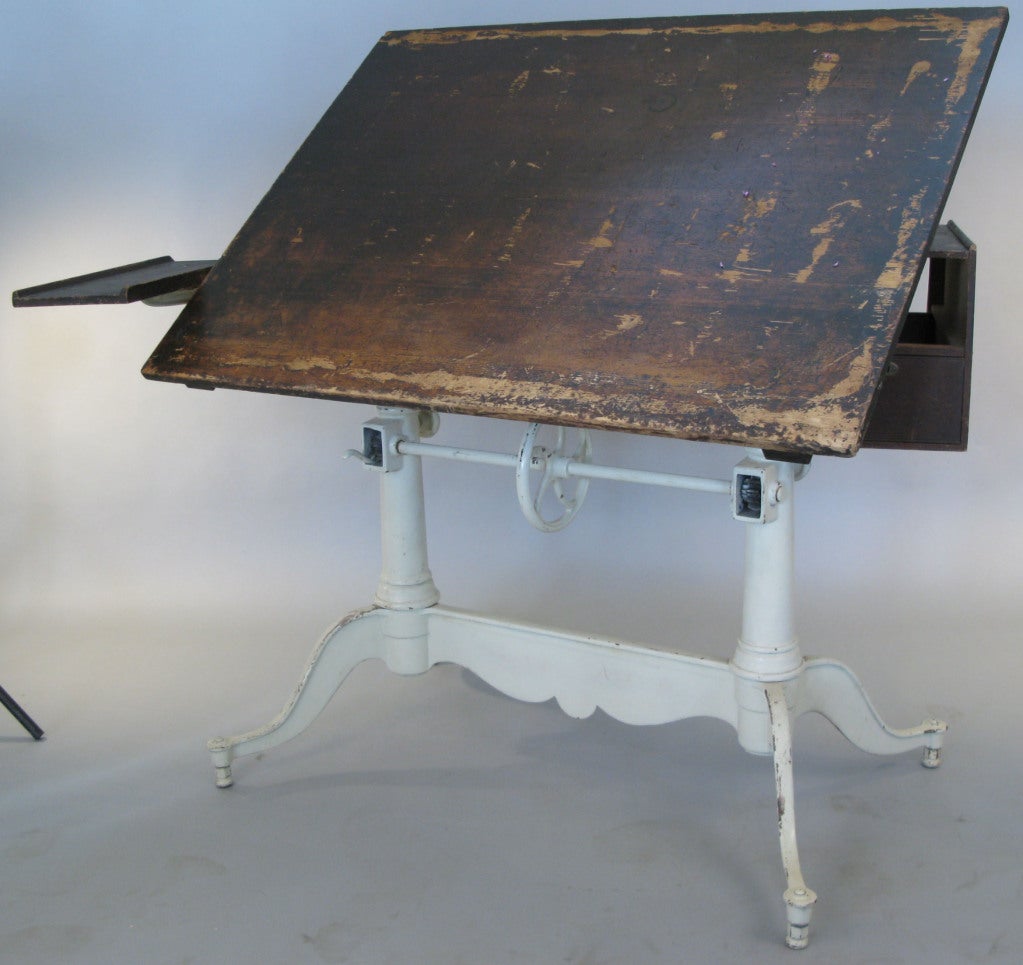 20th Century Antique Adjustable Double Pedestal Cast Iron Drafting Table