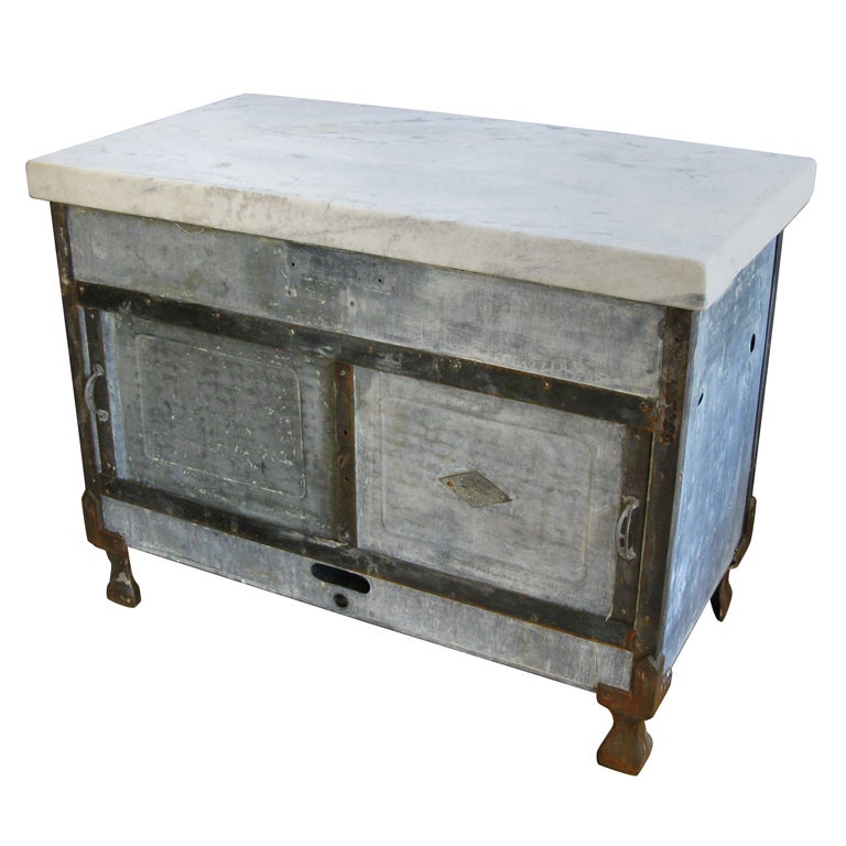 Antique Industrial Cast Iron and Marble Island Cabinet