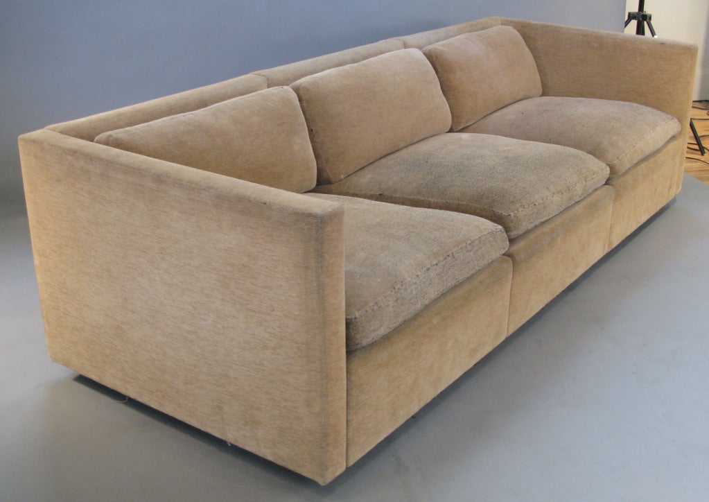 A classic modern even arm tuxedo sofa designed by Charles Pfister for Knoll. perfect design and proportions, with 3 seat and back cushions. will need updated upholstery.