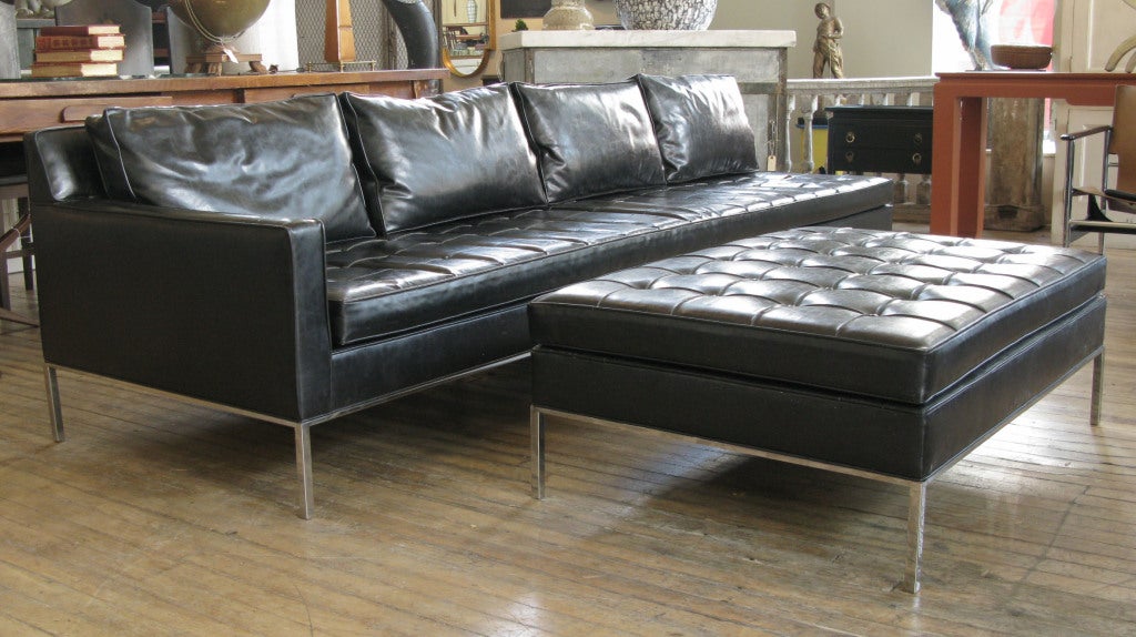 an outstanding vintage 1950's long single arm sofa and matching large ottoman designed by Harvey Probber. beautiful classic modern design with wonderful scale and proportions raised on slim chromed steel bases and legs. the matching large
