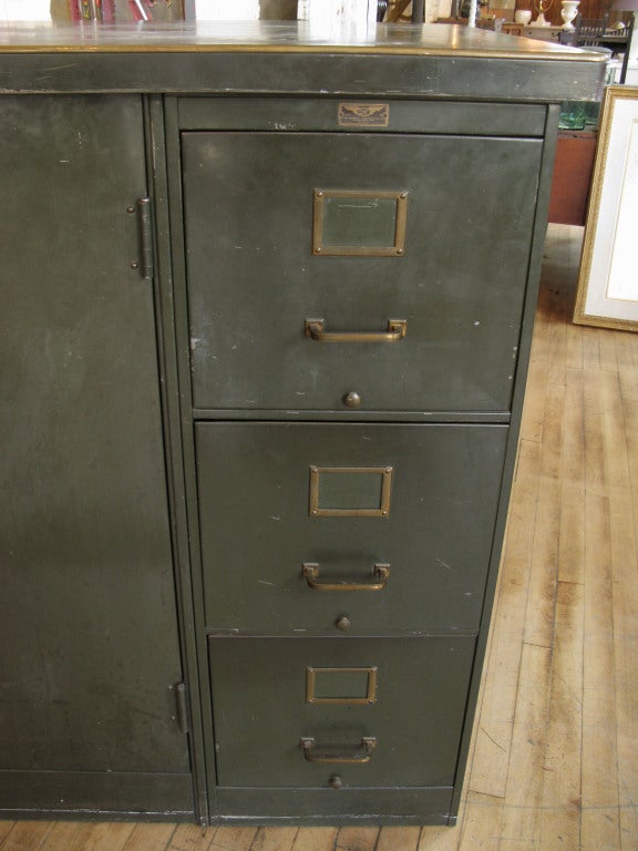 Mid-20th Century Antique Steel & Brass Industrial Storage File Cabinet