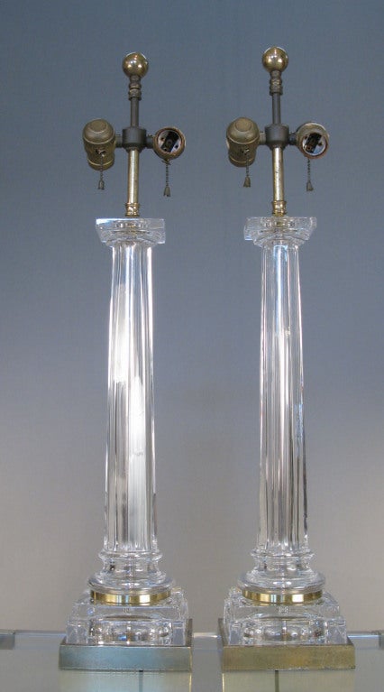 a beautiful pair of vintage 1960's neoclassic glass column lamps by Chapman. beautiful form and details, very well made. bases have wear to the finish.