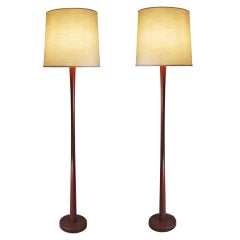 Pair of Slender Teak Hourglass Floor Lamps