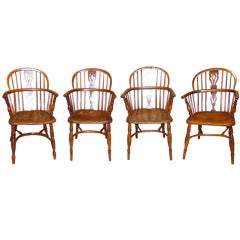 Antique Set of Four English Yew Wood Windsor Chairs