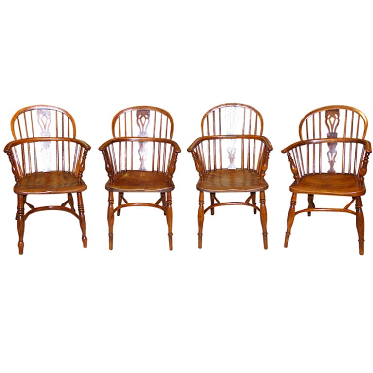 Set of Four English Yew Wood Windsor Chairs