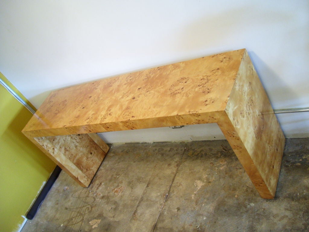 Beautiful olive burlwood console/sofa table designed by Milo Baughman.