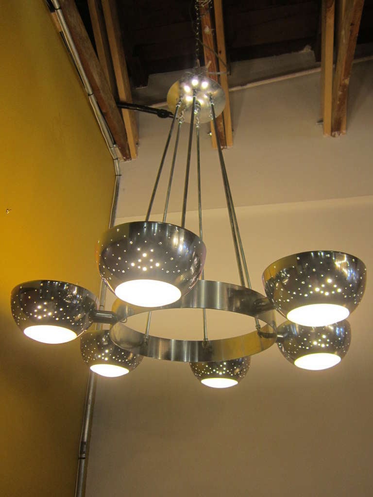 Circular chrome plated six light light fixture in the style of Gino Sarfatti.  If you have any questions about this item or about shipping, please contact dealer.