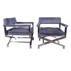 Chromed X Based Lounge Chairs in the Style of Milo Baughman