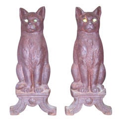 Antique Early Cast Iron Cat Andirons