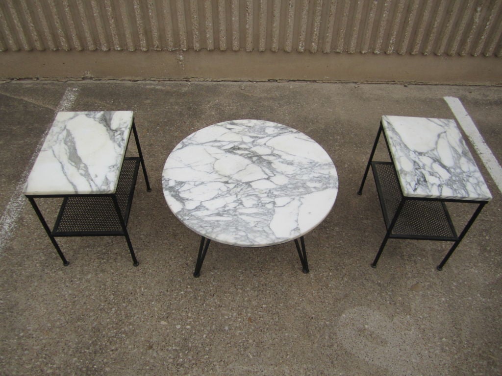 Set of marble top outdoor tables by Salterini