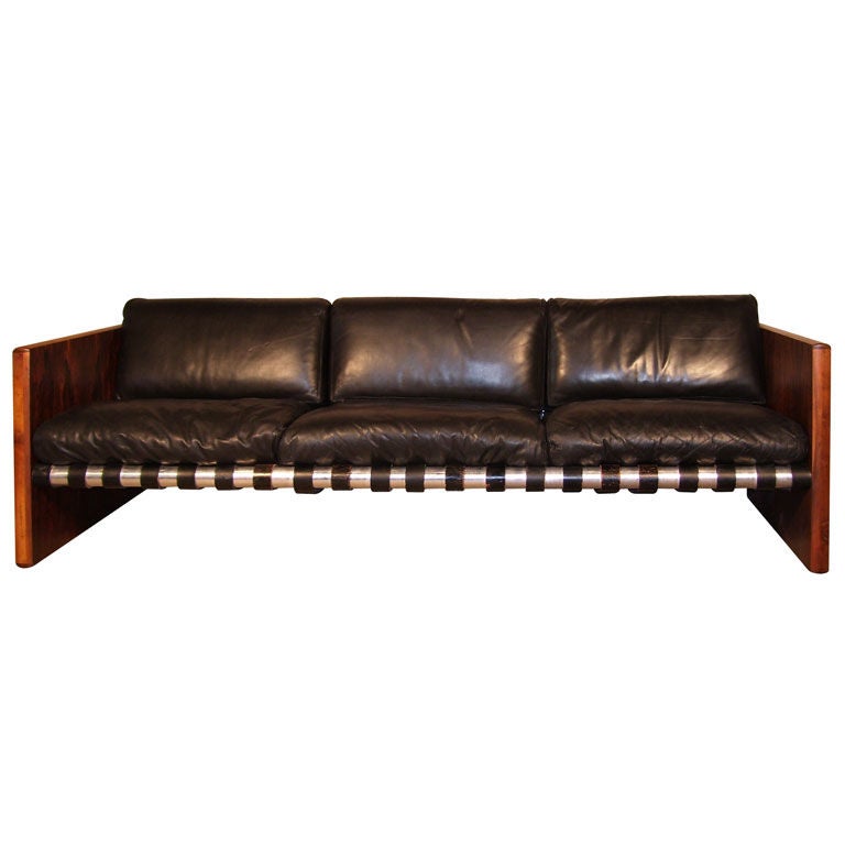 Black Leather 
70
s Sofa with Rosewood Slab Ends